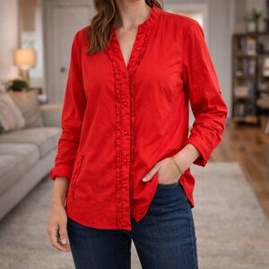 Joan Rivers Red Ruffle Button Blouse‎ M Medium Cotton Blend Long Sleeve Top